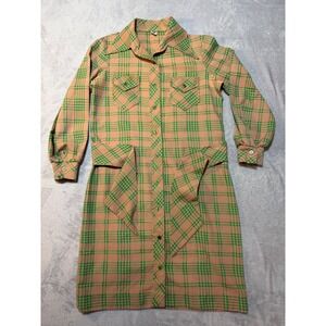 Vintage 70s Beeline Fashions Plaid Shirt Dress Green Tan Mod dagger collar midi
